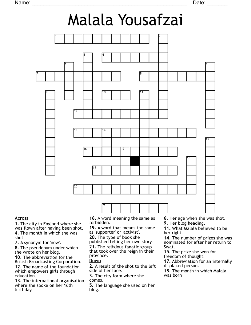 Malala Yousafzai Crossword