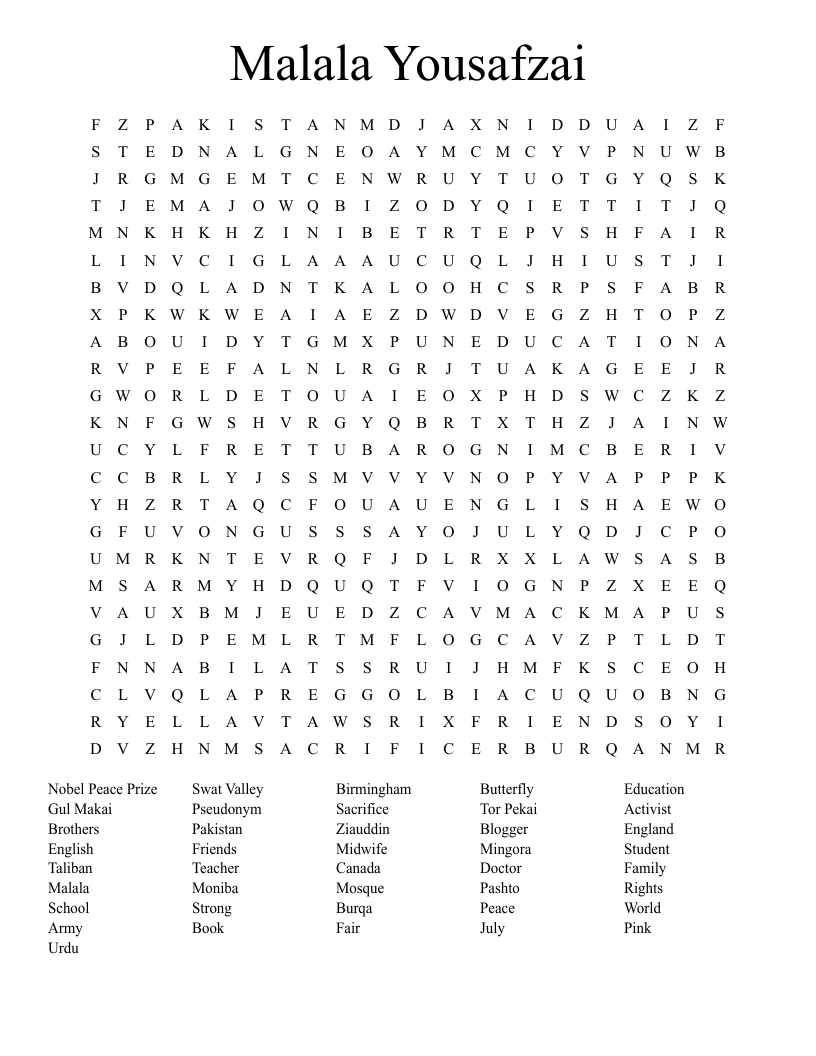 Malala Yousafzai Word Search