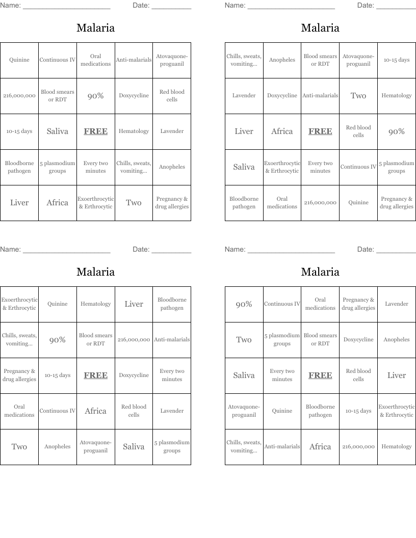 Malaria Bingo Cards