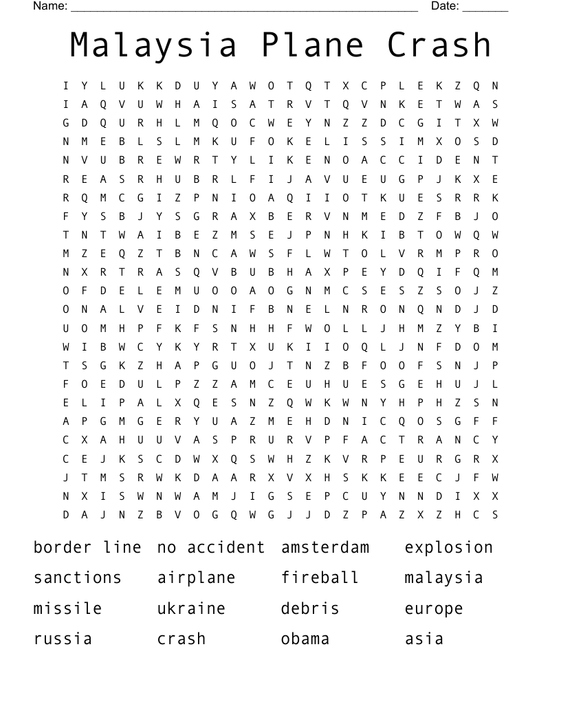 Malaysia Plane Crash Word Search