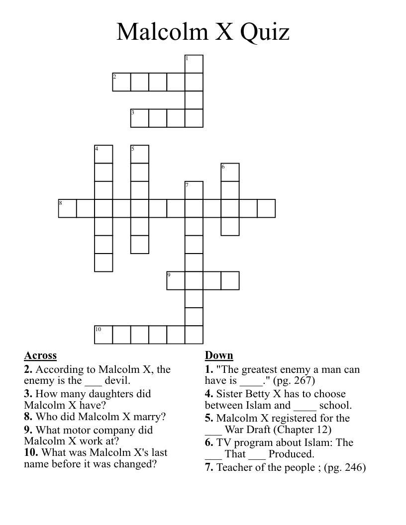 Malcolm X Quiz Crossword