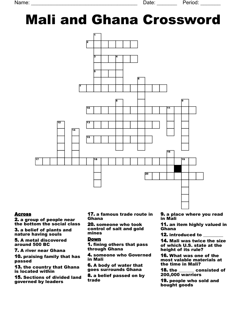 Mali and Ghana Crossword