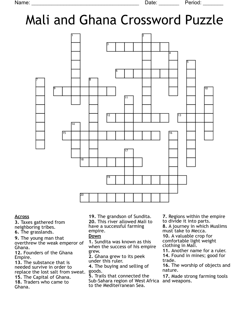 Mali and Ghana Crossword Puzzle