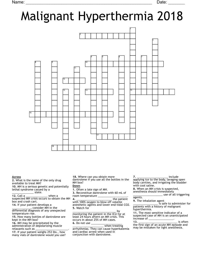 Malignant Hyperthermia 2018 Crossword