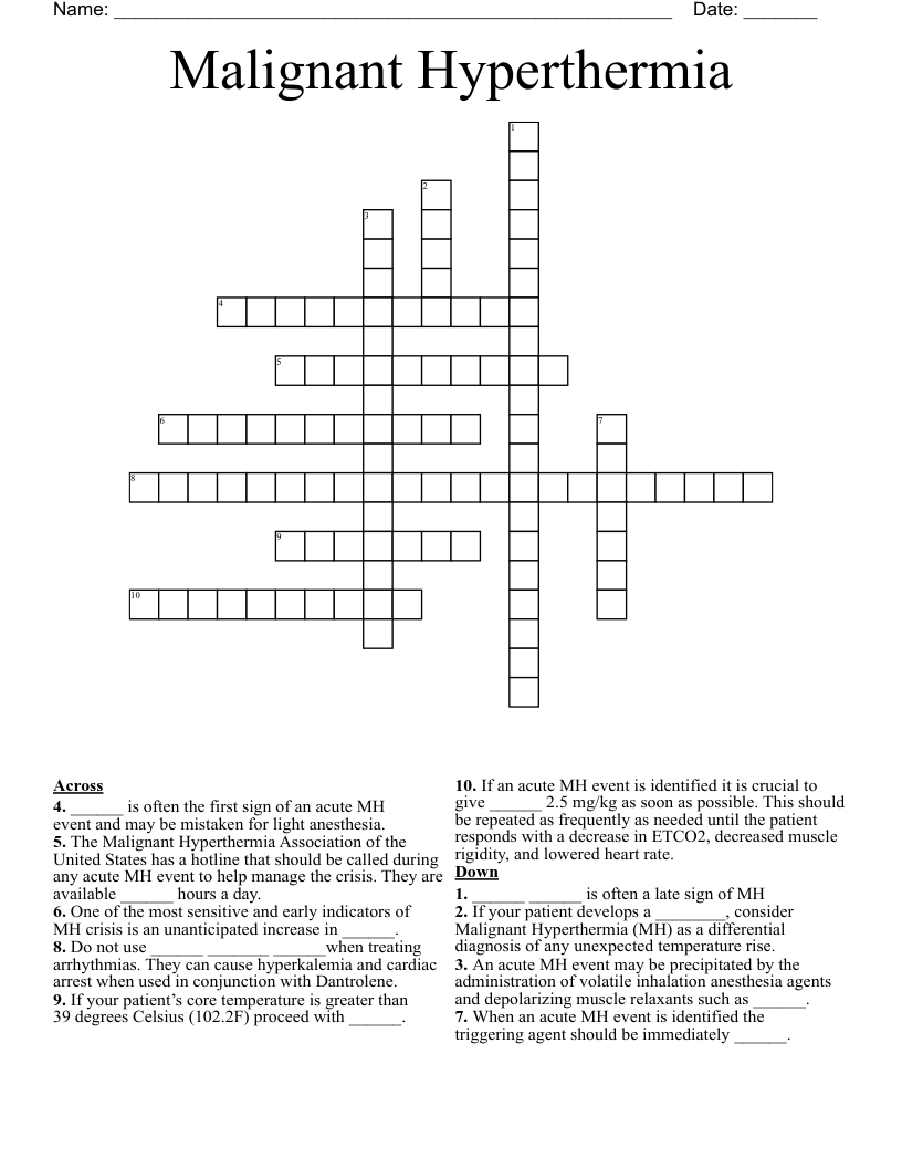 Malignant Hyperthermia Crossword