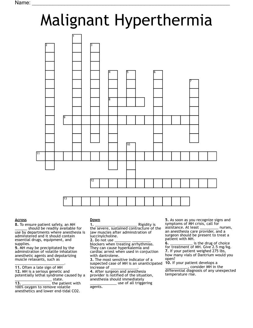 Malignant Hyperthermia Crossword