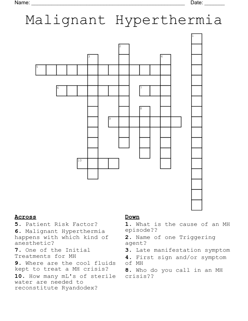 Malignant Hyperthermia Crossword