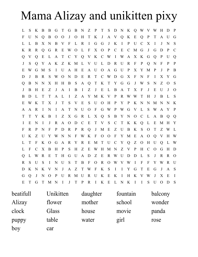 Mama Alizay and unikitten pixy Word Search