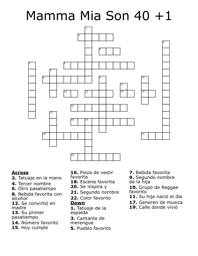 Mamma Mia Son 40 +1 Crossword