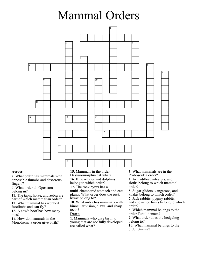 Mammal Orders Crossword