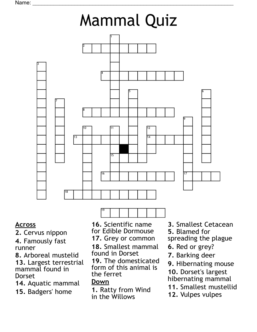 Mammal Quiz Crossword