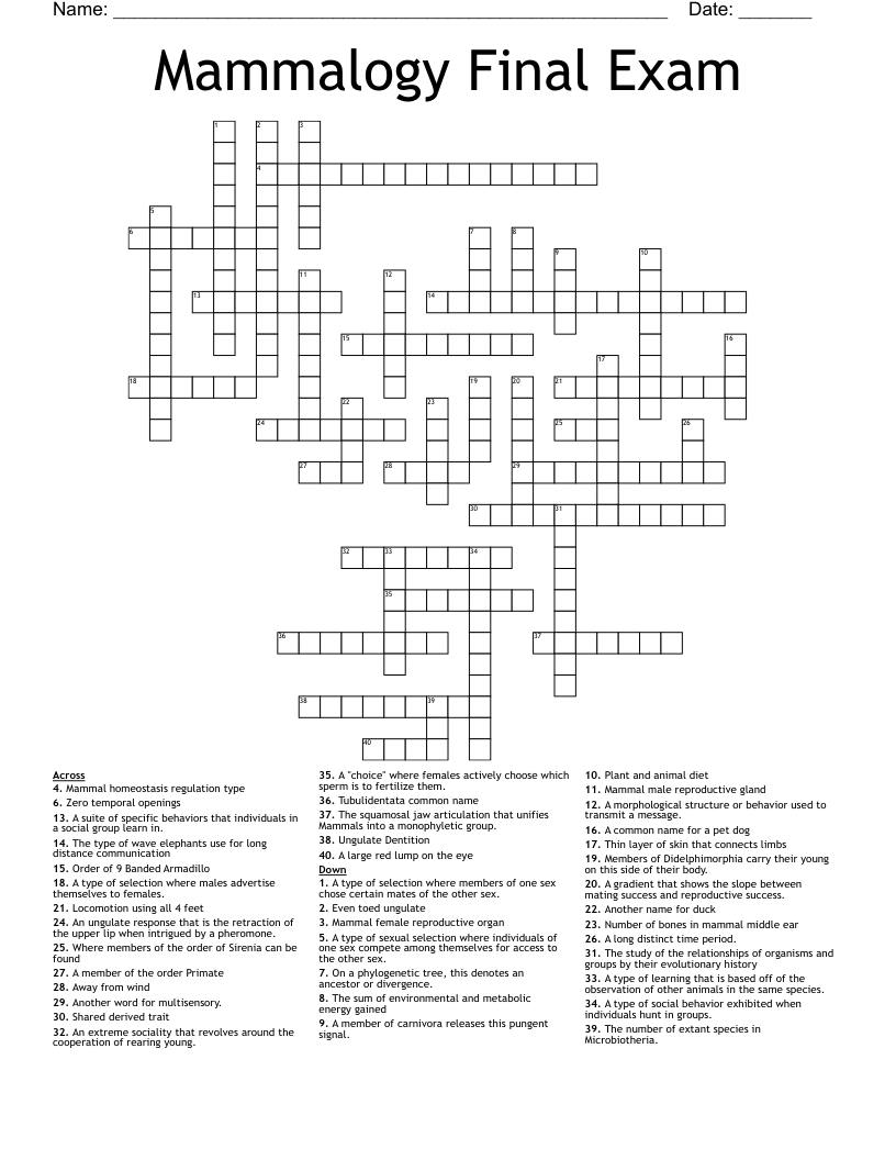 Mammalogy Final Exam Crossword
