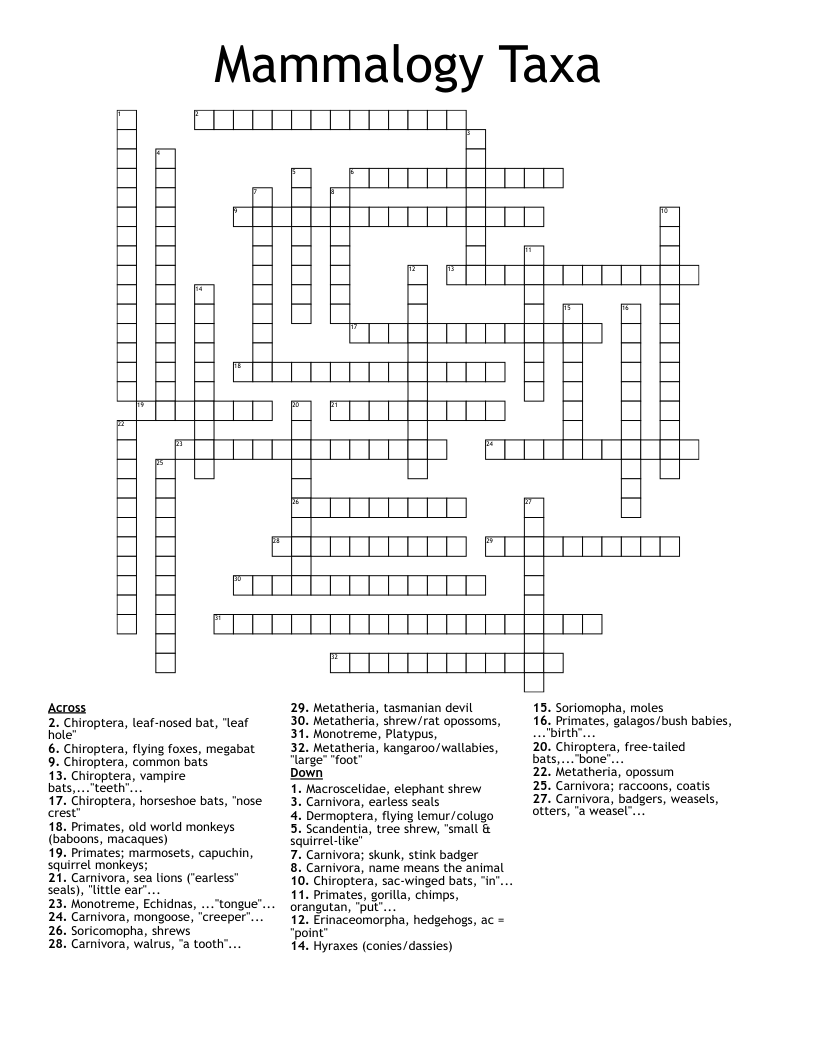Mammalogy Taxa Crossword