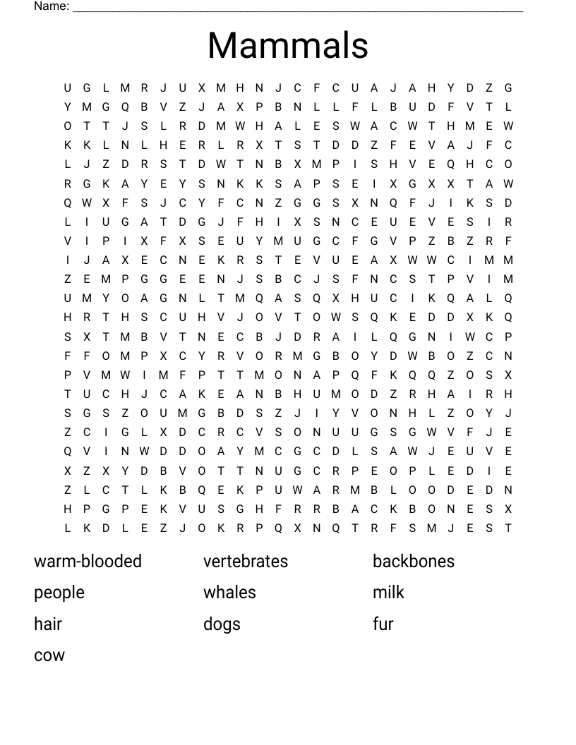Mammals Word Search