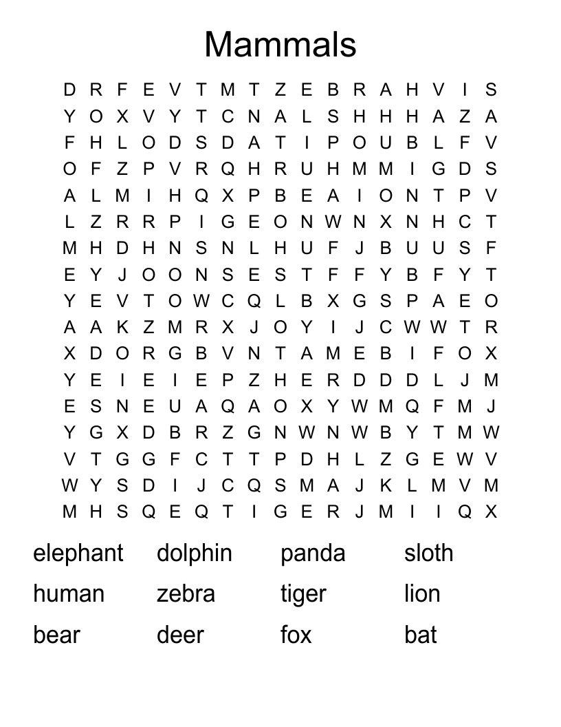 Mammals Word Search