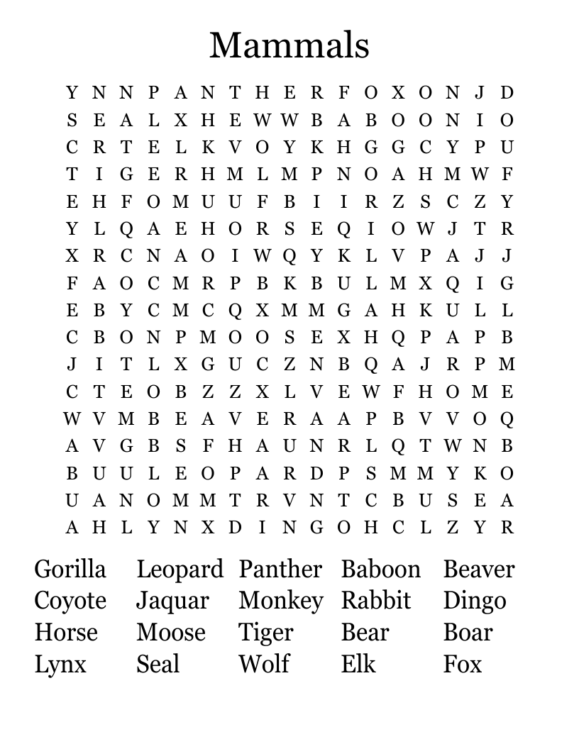 Mammals Word Search