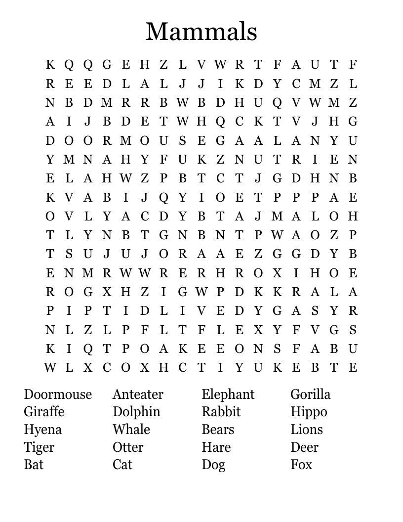 Mammals Word Search