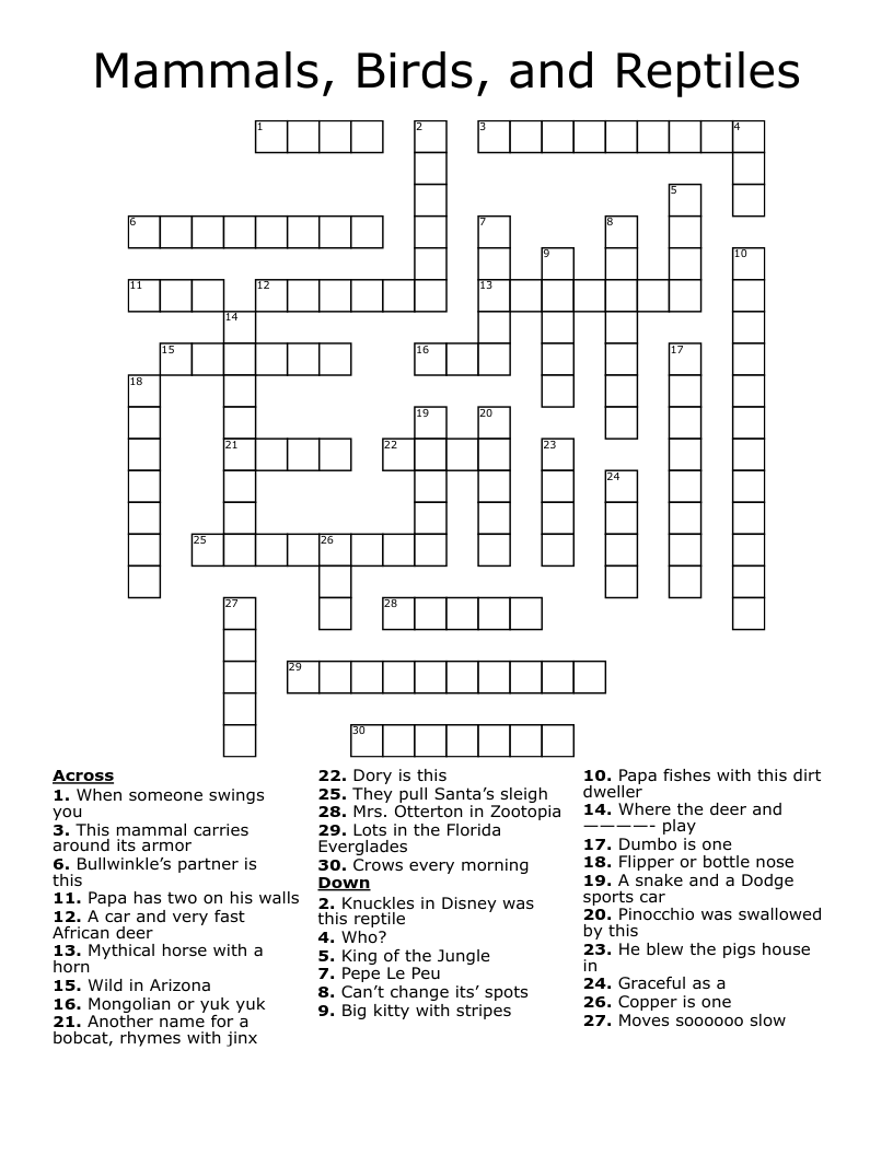 Mammals, Birds, and Reptiles Crossword
