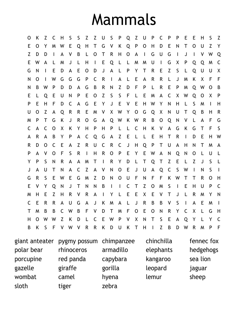 Mammals  Word Search