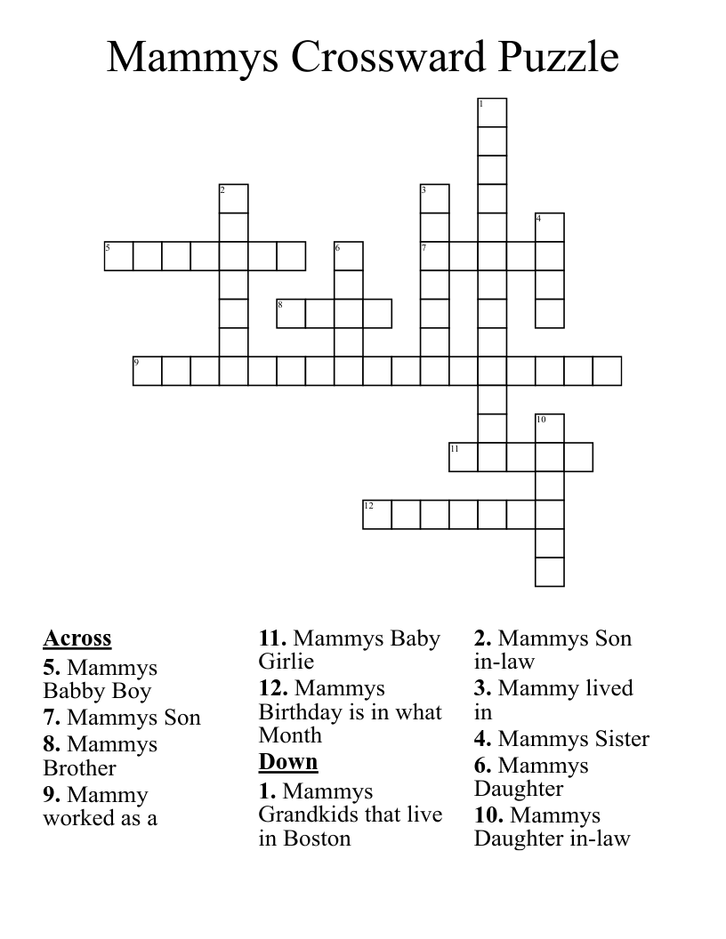 Mammys Crossward Puzzle Crossword