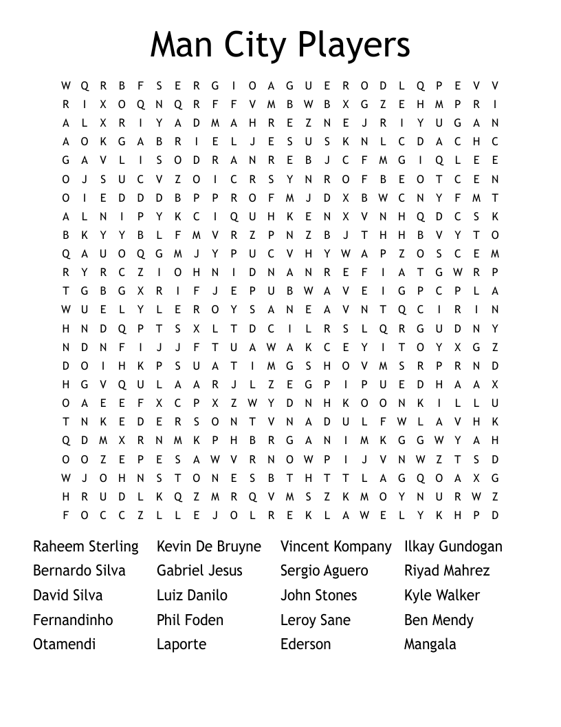 Man City Players Word Search