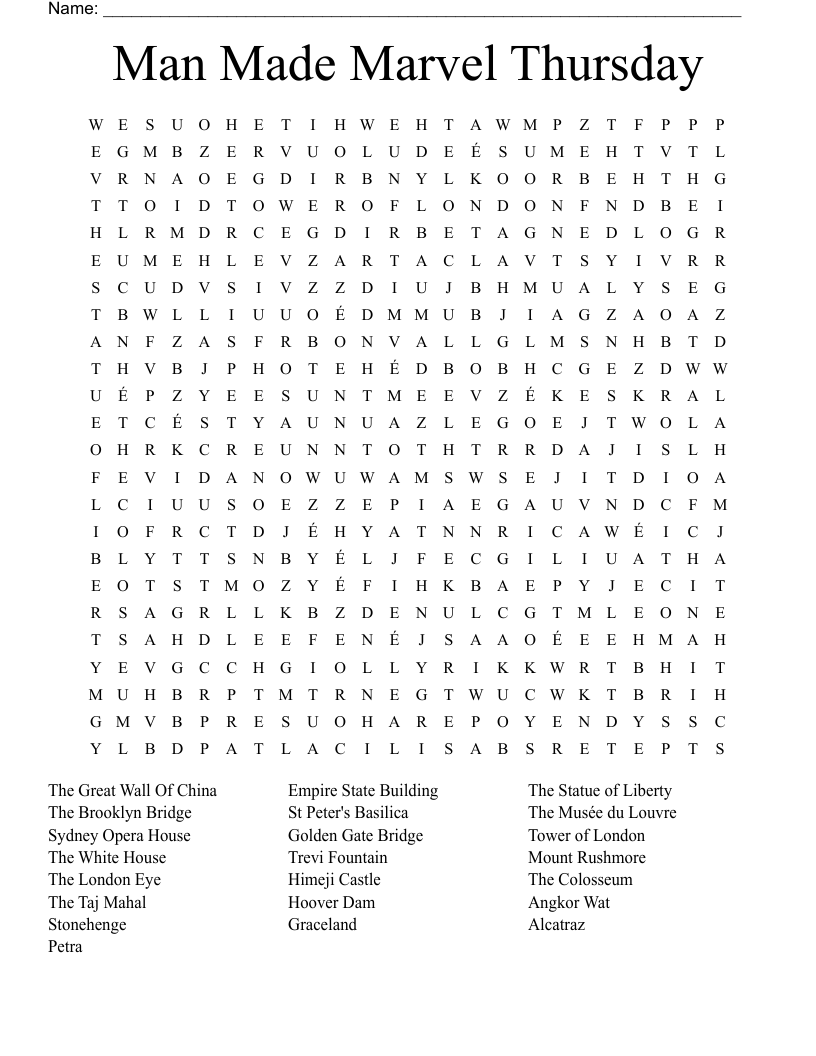 Man Made Marvel Thursday Word Search
