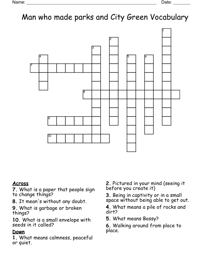 Man who made parks and City Green Vocabulary Crossword