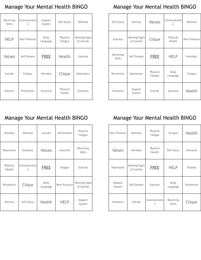 Manage Your Mental Health BINGO