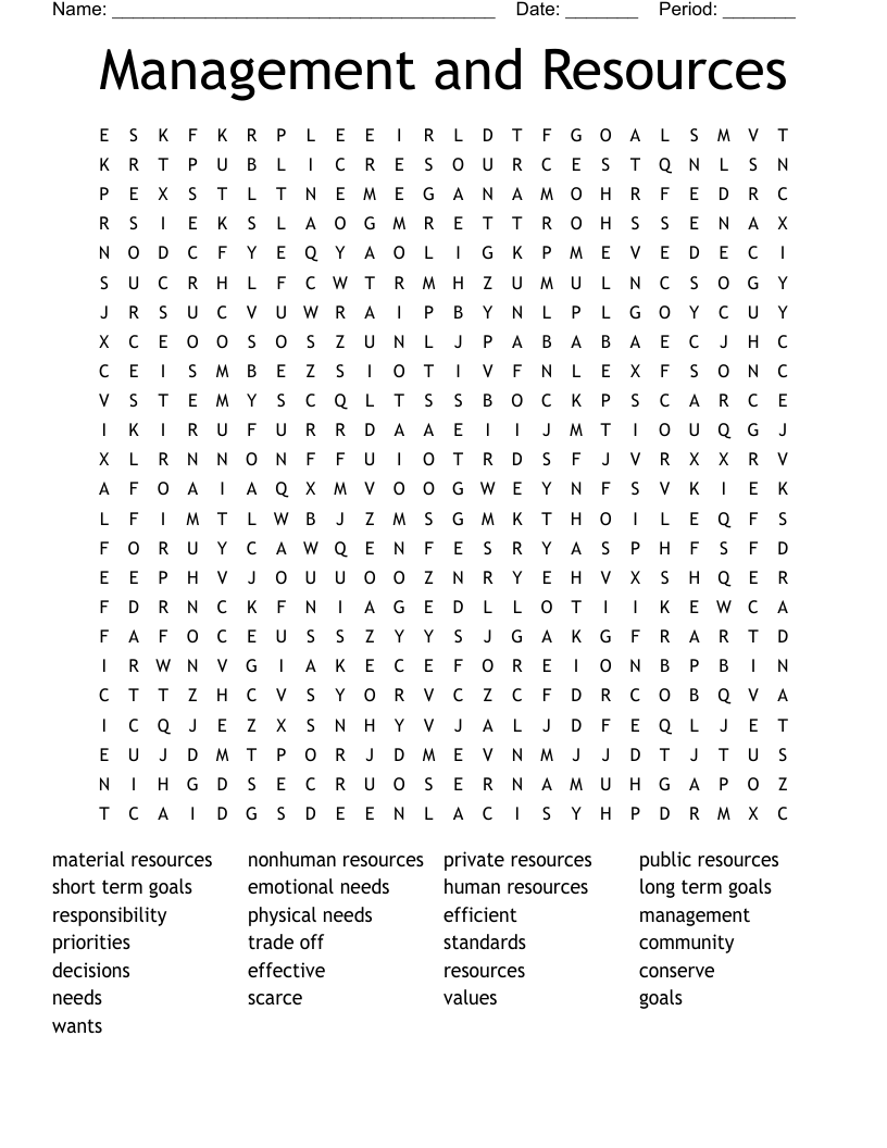 Management and Resources Word Search