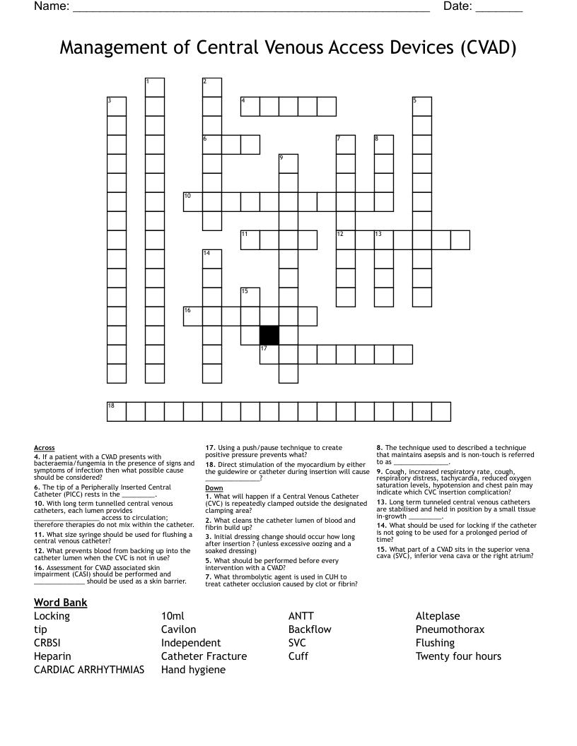 Management of Central Venous Access Devices (CVAD) Crossword