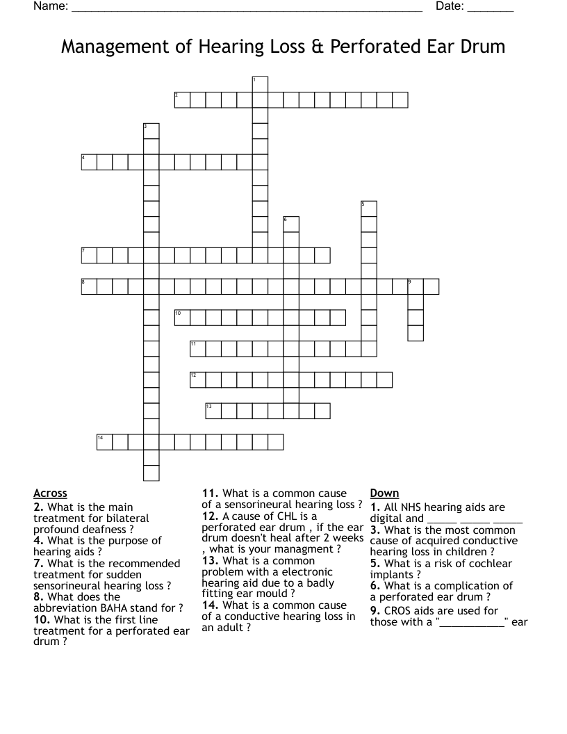 Management of Hearing Loss & Perforated Ear Drum  Crossword