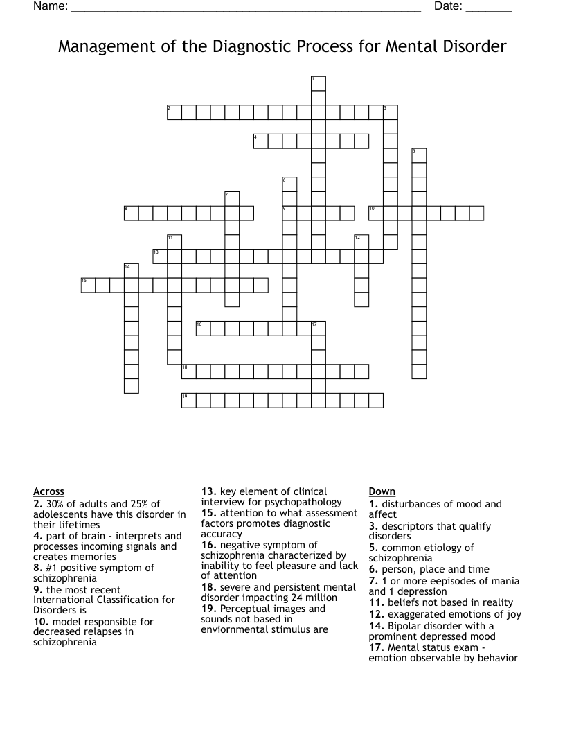 Management of the Diagnostic Process for Mental Disorder Crossword