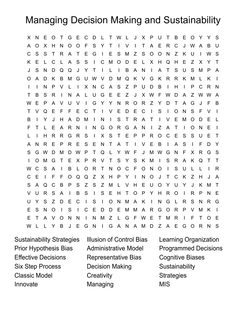 Managing Decision Making and Sustainability Word Search