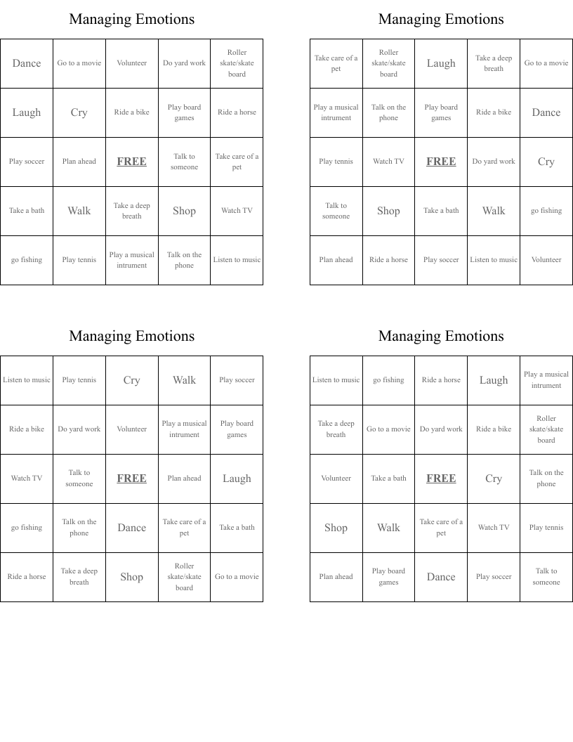 Managing Emotions Bingo Cards
