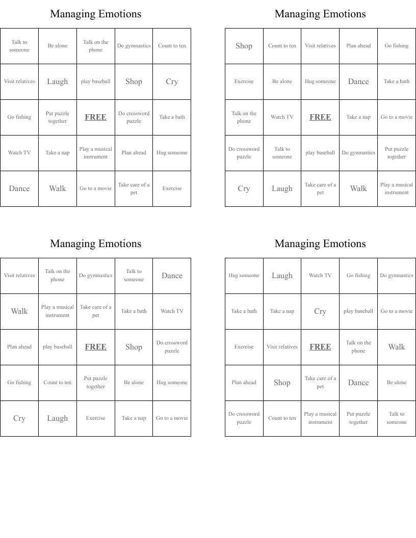 Managing Emotions Bingo Cards