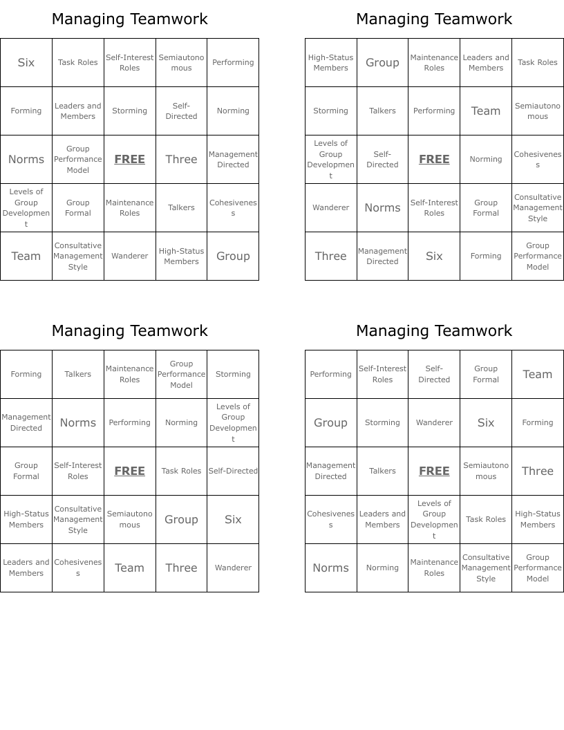 Managing Teamwork Bingo Cards