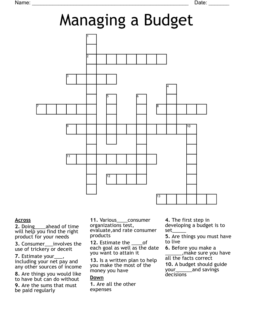 Managing a Budget  Crossword