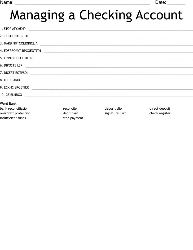 Managing a Checking Account Word Scramble