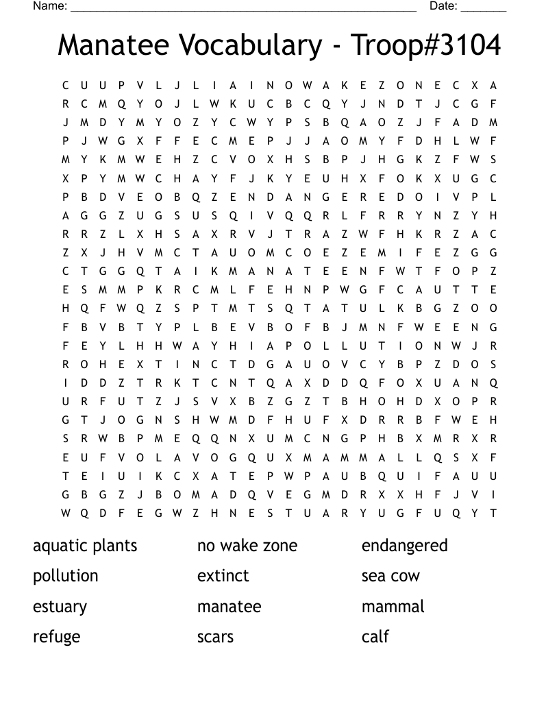 Manatee Vocabulary - Troop#3104 Word Search