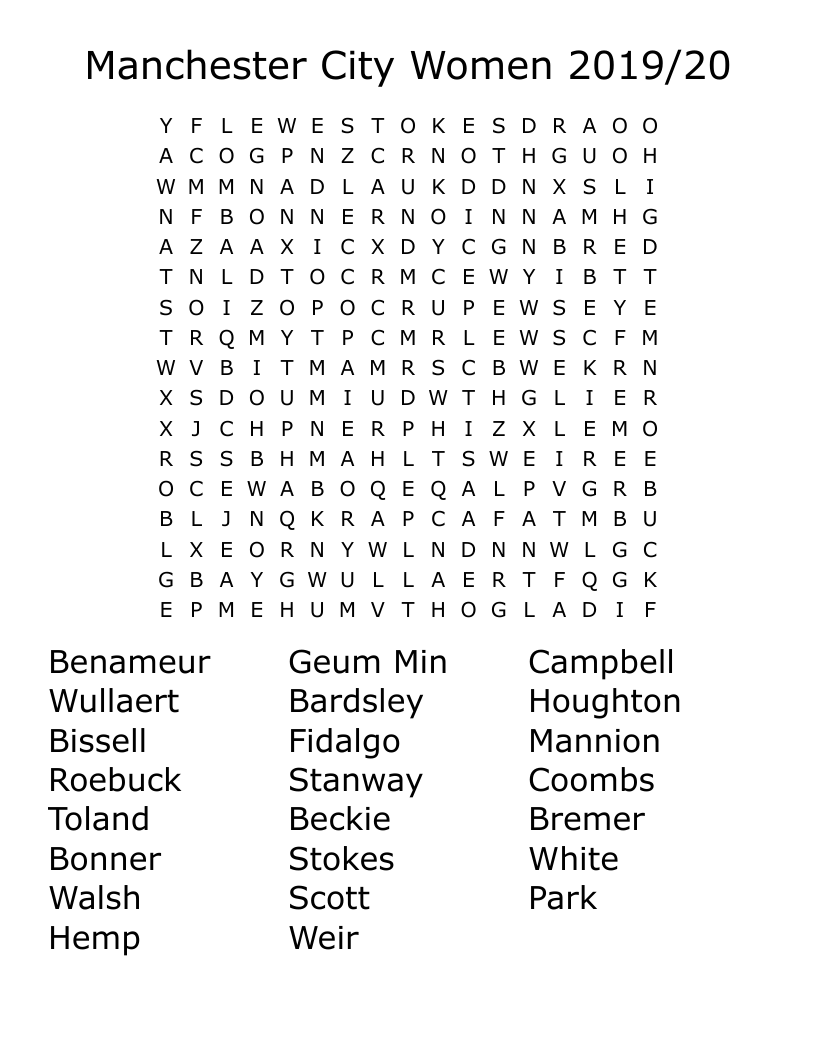 Manchester City Women 2019/20 Word Search