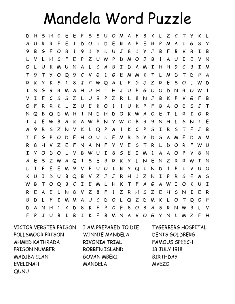 Mandela Word Puzzle Word Search