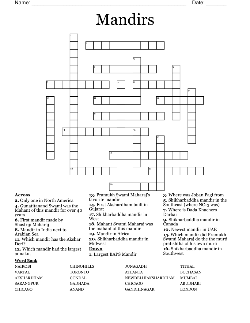 Mandirs Crossword