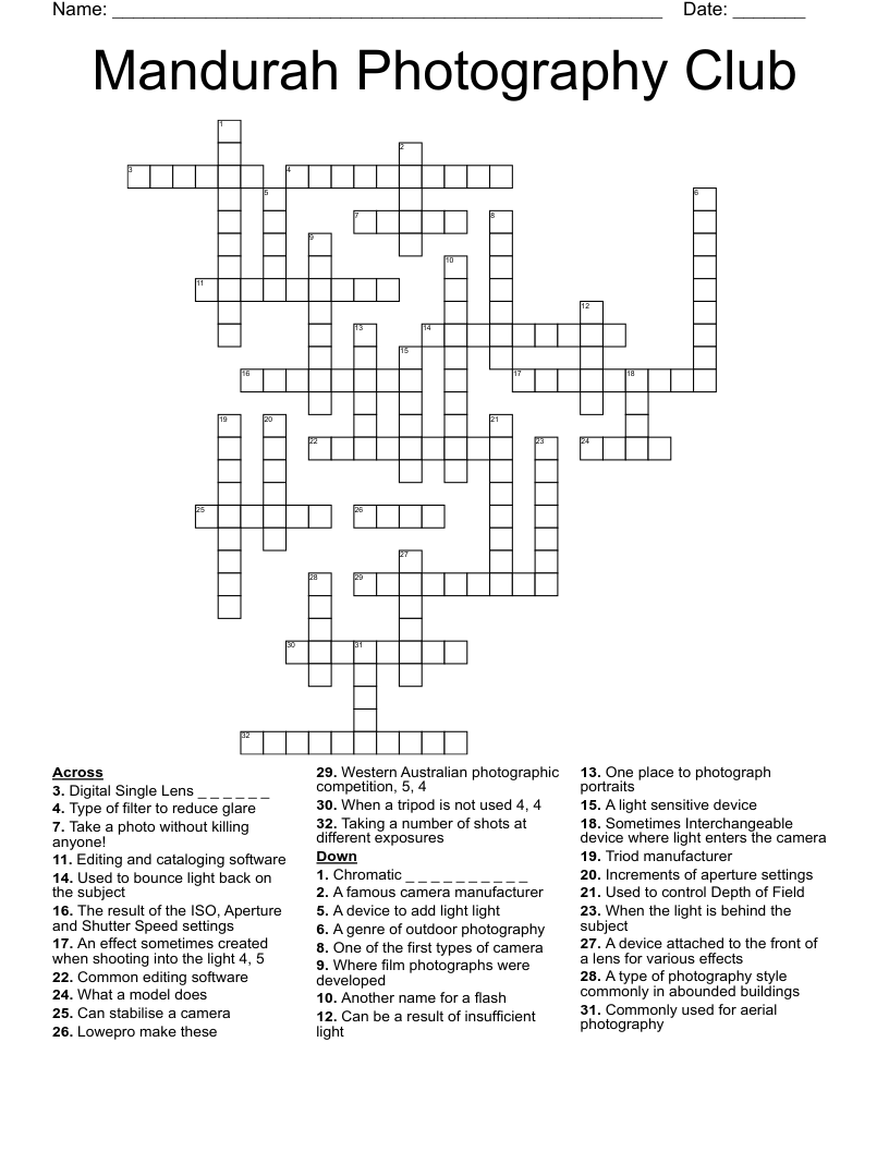 Mandurah Photography Club Crossword