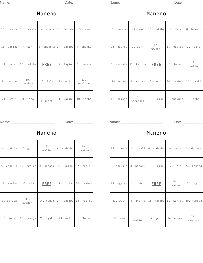 Maneno Bingo Cards
