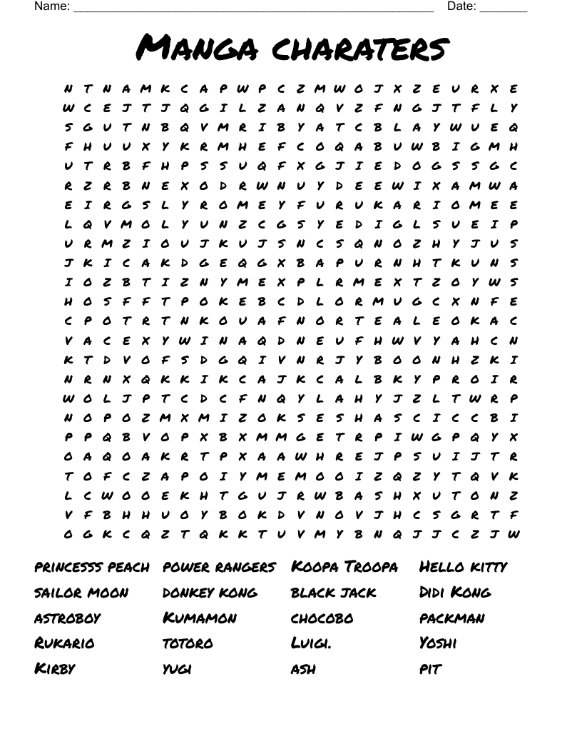 Manga charaters Word Search
