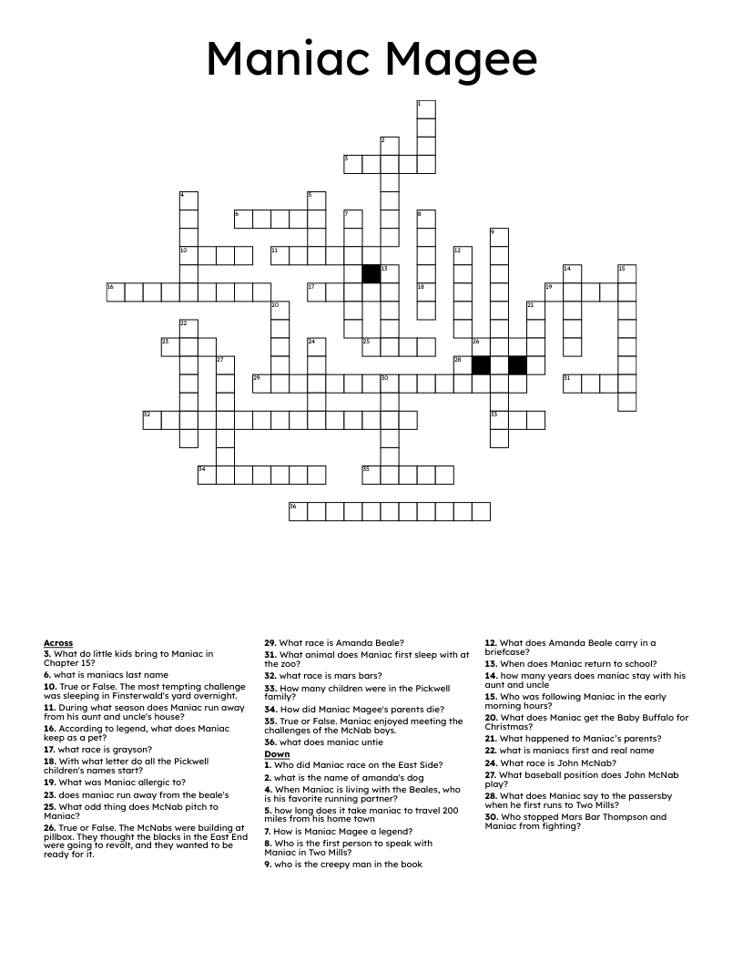 Maniac Magee Crossword