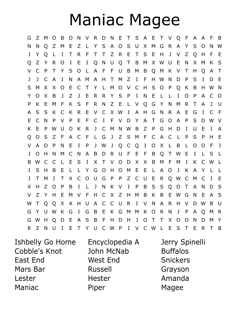 Maniac Magee Word Search