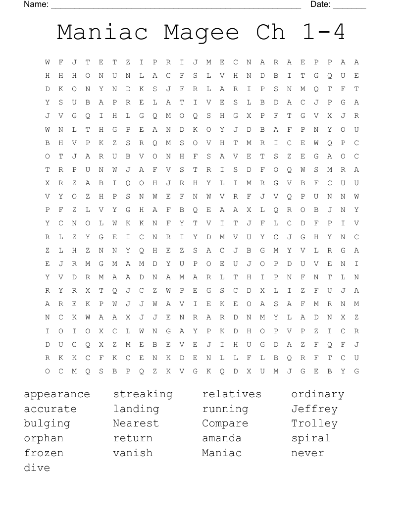 Maniac Magee Ch 1-4 Word Search