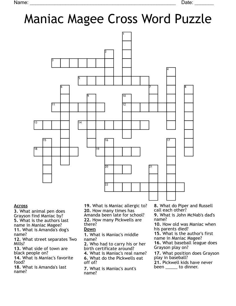 Maniac Magee Cross Word Puzzle