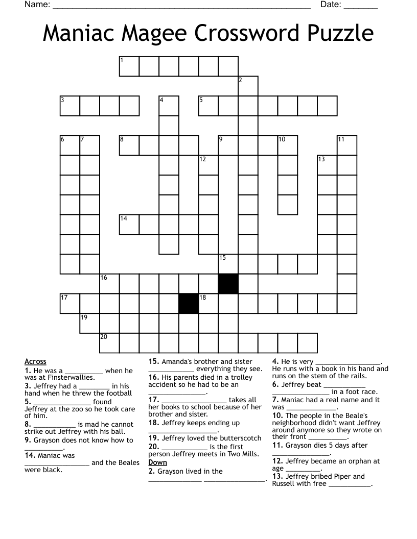 Maniac Magee Crossword Puzzle